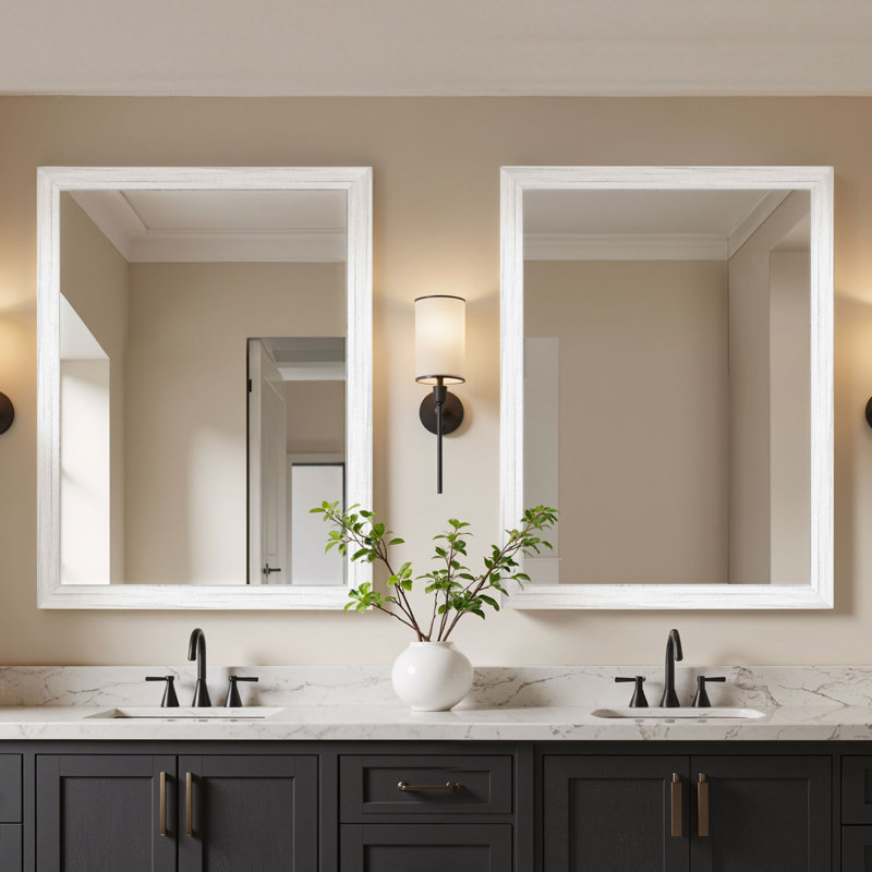 Tempered Glass Wall-Mounted Mirror, Shatter-Resistant Reinforced Design, Vertical/Horizontal Hanging Installation, White Wood