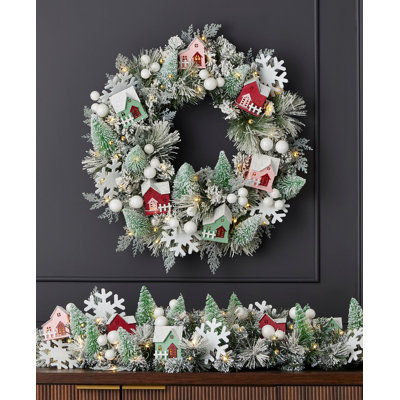 Snowy Cottage 26in Wreath Pre-Lit with 50 LED Fairy Lights B/O