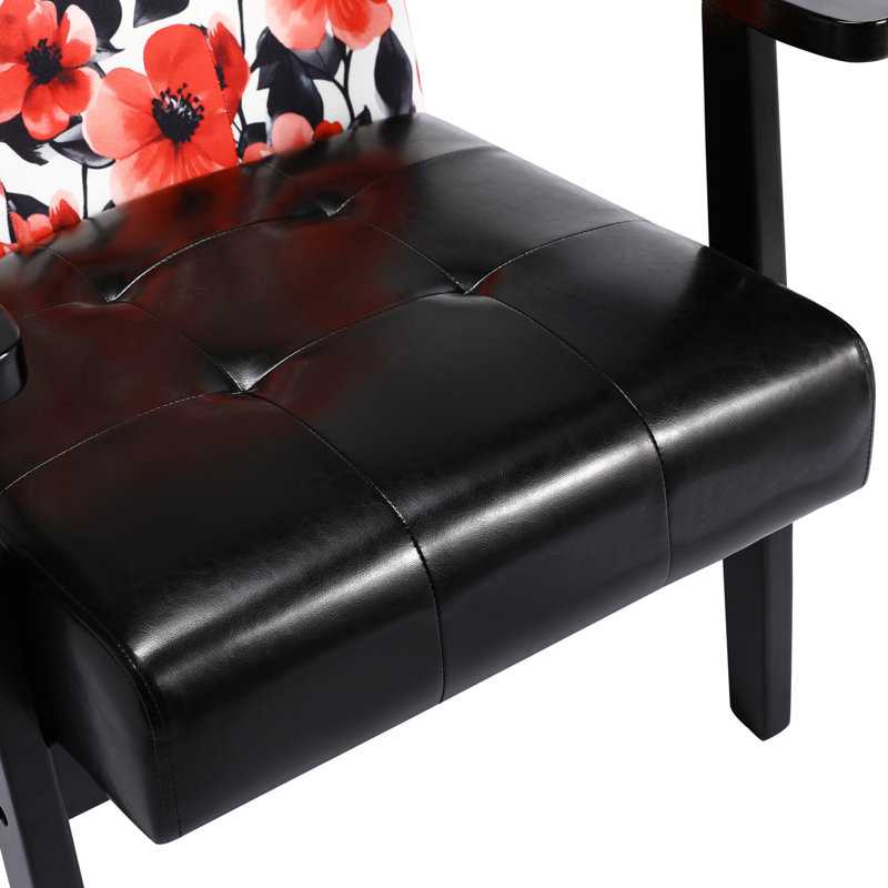 Floral Print Features Tufted Artificial Leather Mid-century Modern Accent Armchair, Red/Black