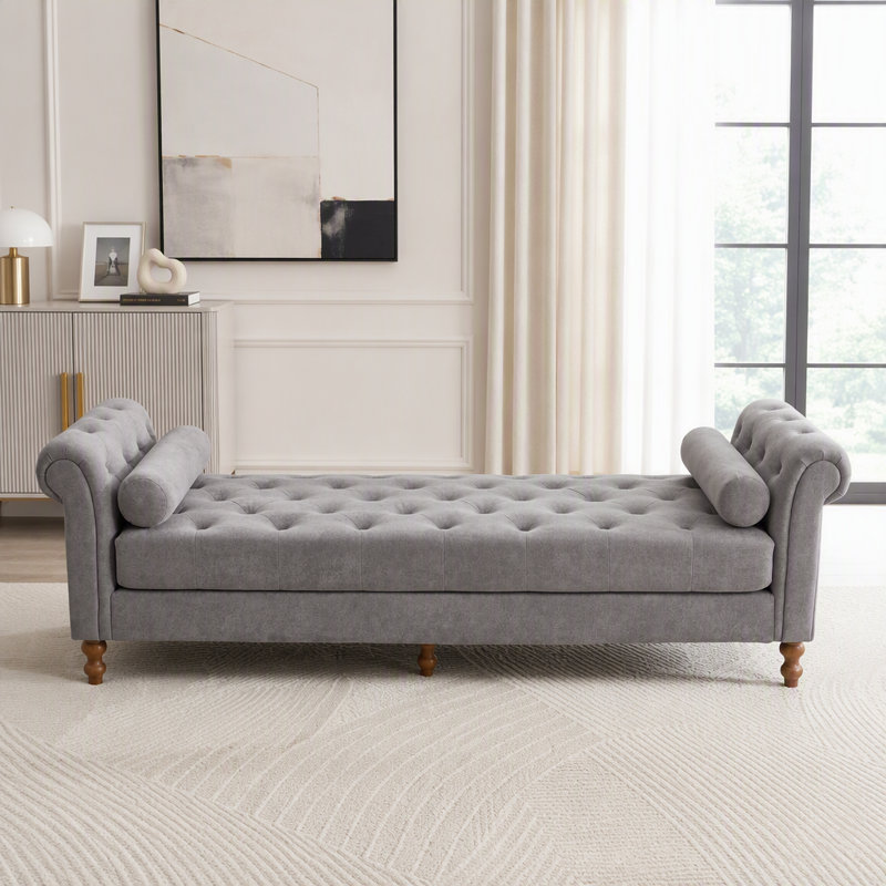 Banc rembourré avec accoudoirs et 2 traversins, Grey Chenille