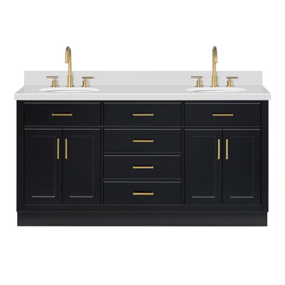 Ensemble de meuble-lavabo double en bois massif 66 po avec plateau en quartz blanc 1,5 po Thornaby, lavabos ovales