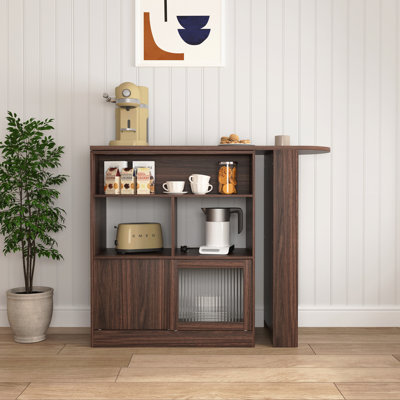 Modern Bar Cabinet With Rotating Top, Counter Height Dining Cabinet With 6 Storage Space And 2 Ribbed Glass Door For Kitchen, The Rotating Top With 3