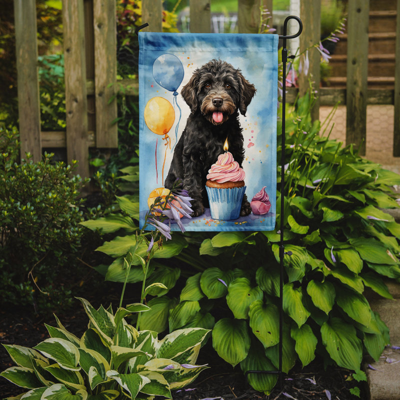 Drapeau de jardin «Happy Birthday», Labradoodle noir