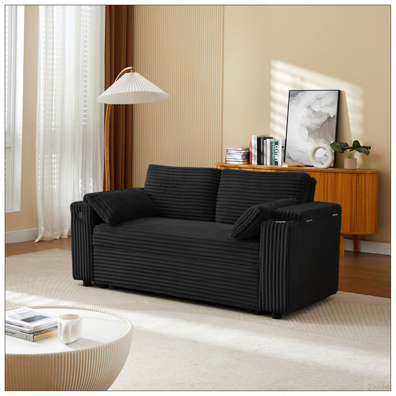 Canapé-lit noir avec accoudoirs avec rangement et port USB