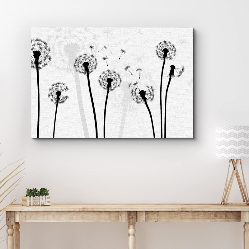 Dandelion " Black And White Windy Dandelion Silhouettes ", 12'' H x 18'' W