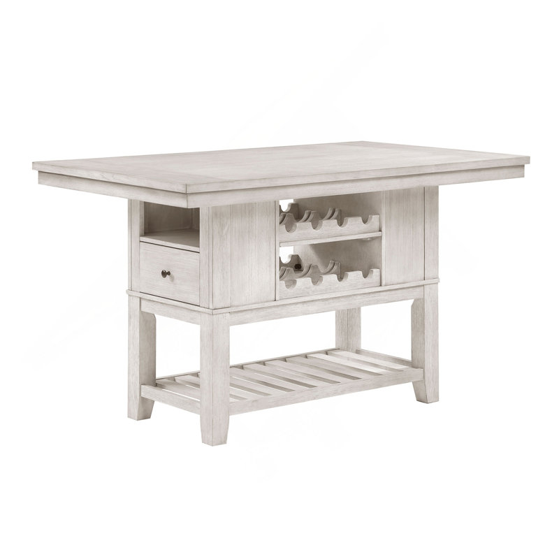 Ensemble de salle à manger 7 pièces avec table haute blanche antique, tiroirs de rangement, étagères à vin et 6 chaises rembourrées