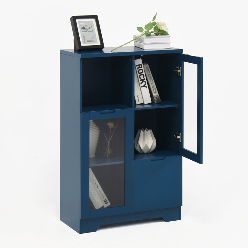 MDF Painted Cabinet With Glass Doors And Drawer, Open Storage Space,  Bedroom, Living Room, Blue