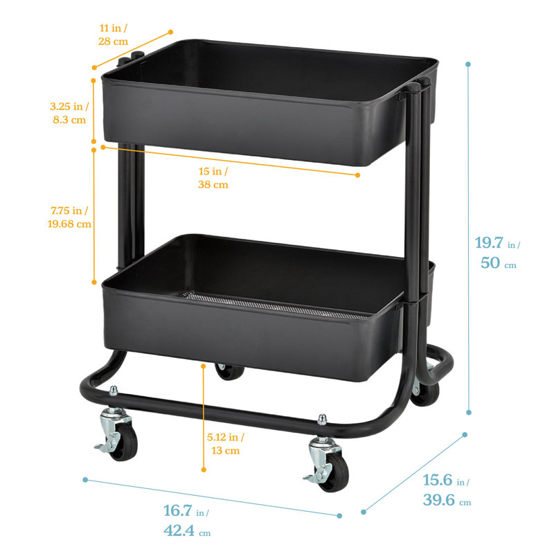 Black Metal 2-Tier Rolling Utility Storage Cart