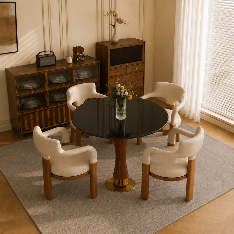 Sculpted Wood Pedestal Dining Table with Woven Wicker Detail & Round Stone Surface, Gray