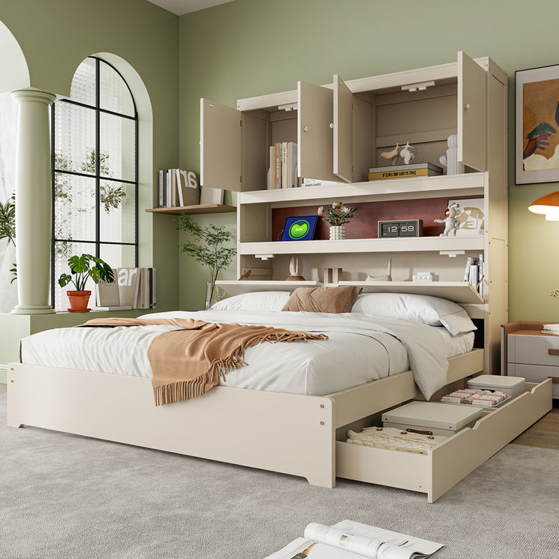 Lit plateforme double en bois avec USB, tête de lit et tiroirs de rangement, Crème