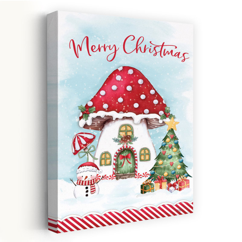 Mushroom House At Christmas - Art contemporain fantaisiste des Fêtes de Noël, H 36 po x l 24 po