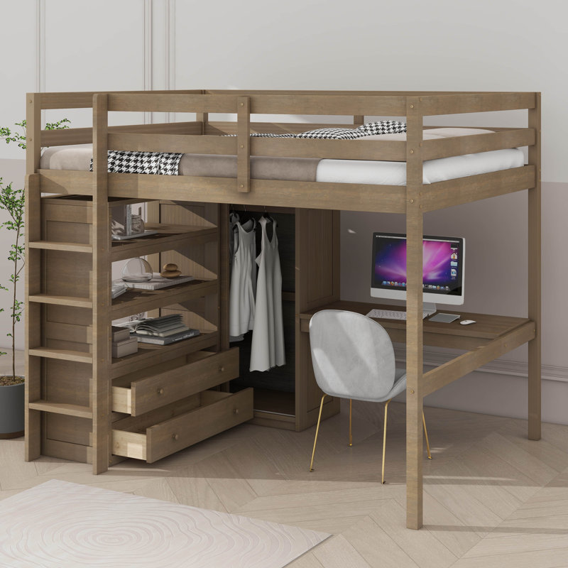 Lit mezzanine double en bois avec garde-robe intégrée, bureau, tablettes de rangement et tiroirs, Walnut