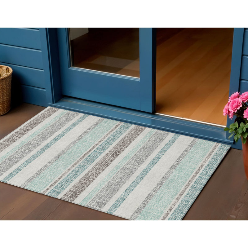 Tapis bleu sarcelle à rayures 3 pi x 5 pi bleu et gris