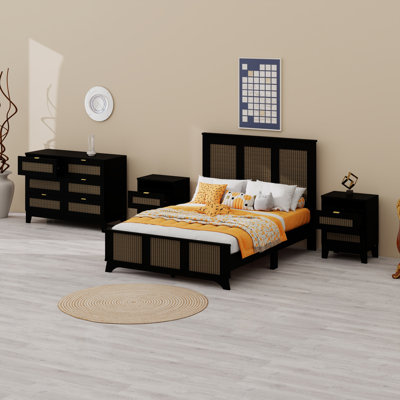Ensemble de chambre à coucher 4 pièces, lit plateforme avec autocollants en bois, table de chevet et commode avec poignée en métal