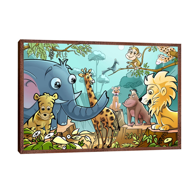 Jungle Cartoon Animals - Print on Canvas, 101.6 cm H x 66.04 cm W, Brown Framed