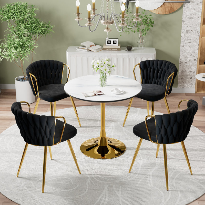 Marble Top Pedestal Dining Set, 5, Black/Gold
