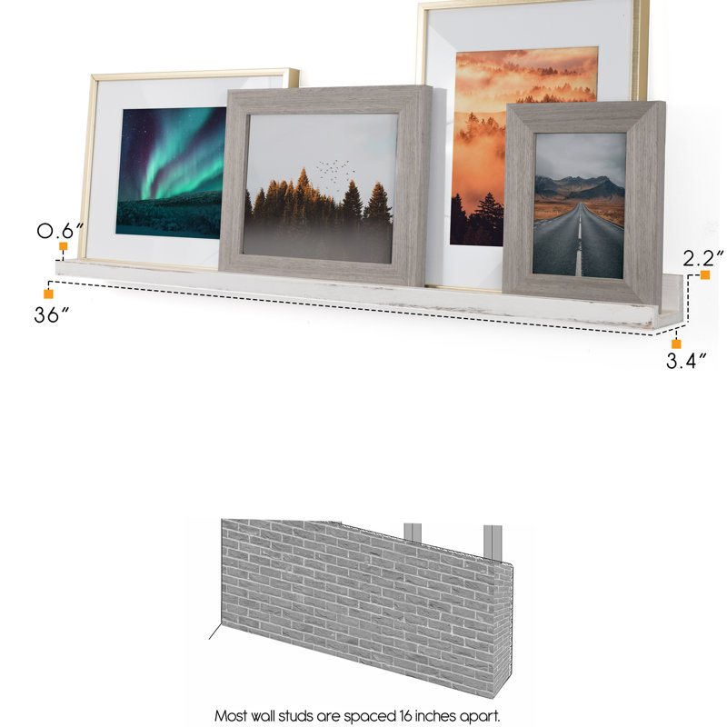 4 Piece Paulownia Picture Ledge Wall Shelf, 2" H x 36" W x 3.4" D, Washed White