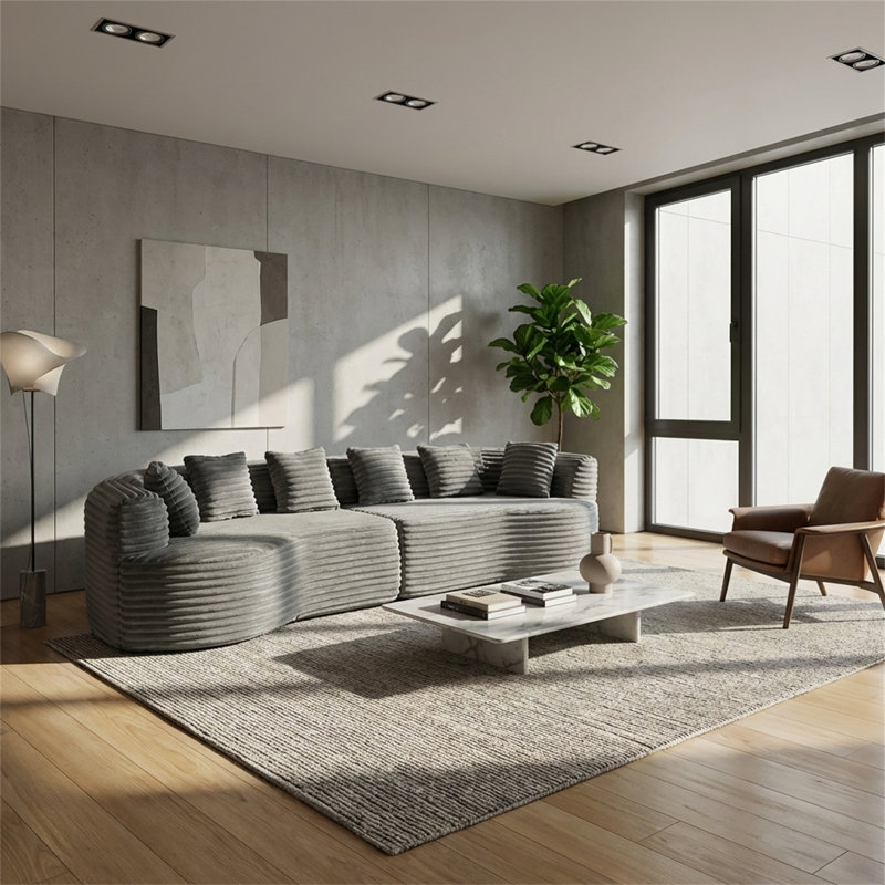 Canapé courbé et modulaire, avec 6 coussins, design désossé, canapé confort de style nuage, revêtement en velours côtelé, design profond, gris