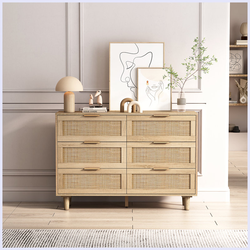 6-Drawers Rattan Storage Cabinet, 29.58" H x 59.11" W x 15.8" D, Natural