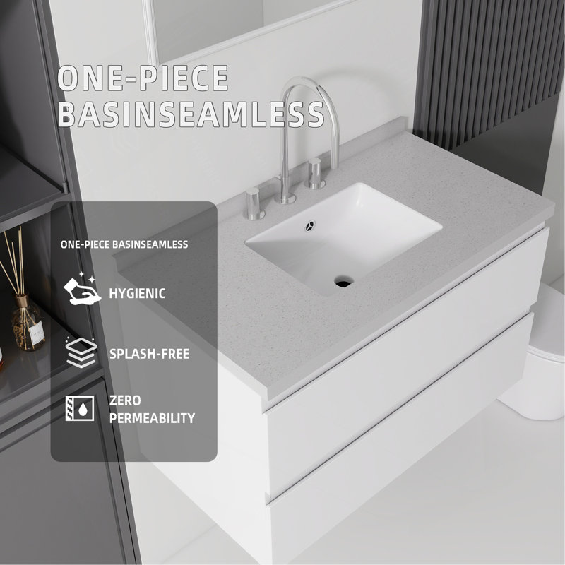Meuble-lavabo flottant 36 po avec lavabo, tiroir à fermeture en douceur, comptoir en granite blanc de 2 po et dosseret, contreplaqué