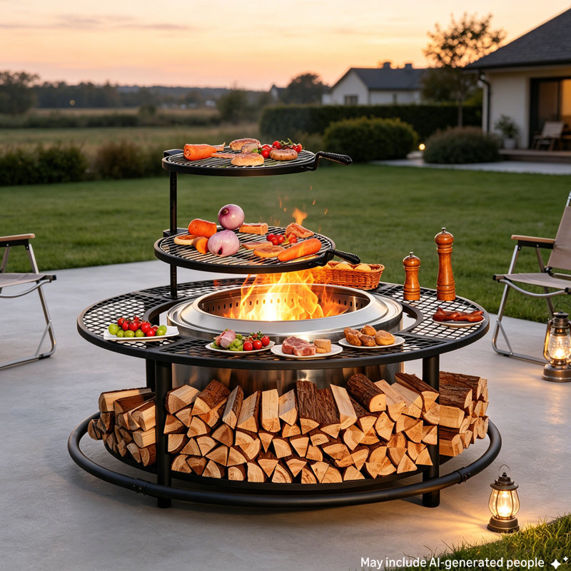 50 Inch Outdoor Fire Pit Surround Table – with 2 Grill Grates, Firewood Storage Shelf & Protective Barrier, Extra Space & Safety for Smokeless Fire Pit (Stove Not Included)