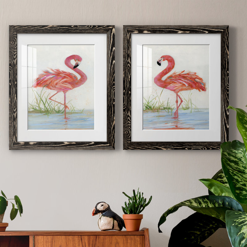 Flamingo I - ensemble de 2 peintures, Papier dans un cadre photo, H 37,5 po x l 55 po, Noir