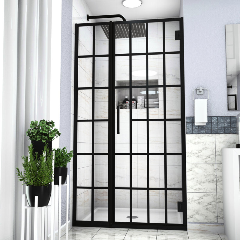 Porte de douche pivotante noir mat avec verre l 40 po x H 72 po, verre trempé raffiné pour salle de bain