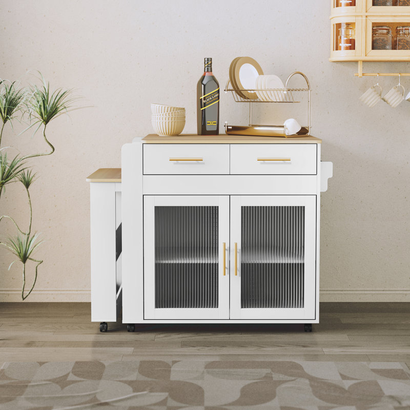 Jamirrah  Kitchen Island with Extendable Table, White/Natural