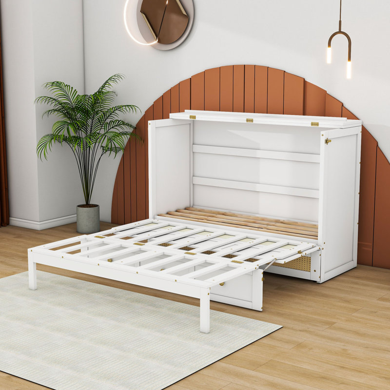 Lit escamotable 1 tiroir avec conception pliable peu encombrante, Queen, Blanc