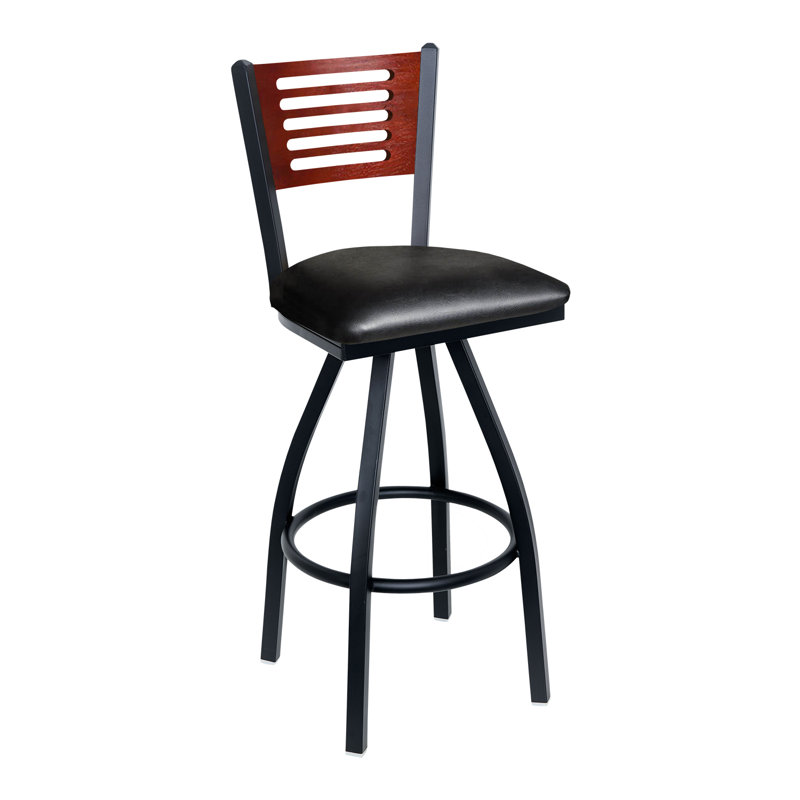 Espy Slotted Wood Back Swivel Barstool - Mahogany Back - Quick Ship Black Vinyl Seat - Steel Frame - Sand Black Finish