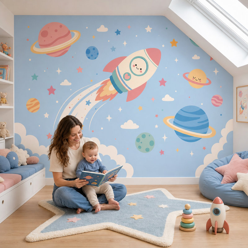Décoration murale amovible Space Space Rocket Planets, 100 po x 96 po, Texturé non collé