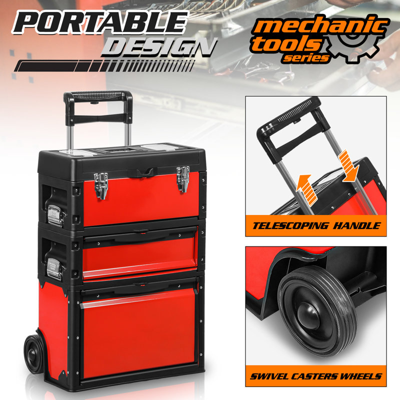 3-In-1 Stackable Tool Box With Wheels, Rolling Hand Case Tool Box Trolley Chest Cabinet With Drawer, Red