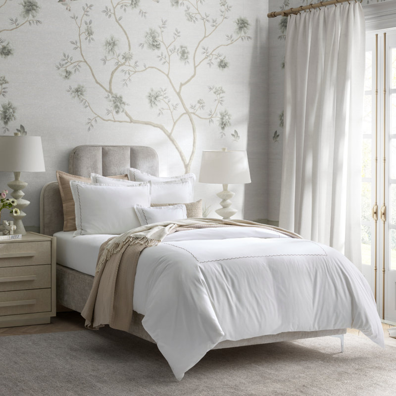 Scallop Hotel Linen Set, White/Tan, Twin Duvet Cover + 3 Additional Pieces