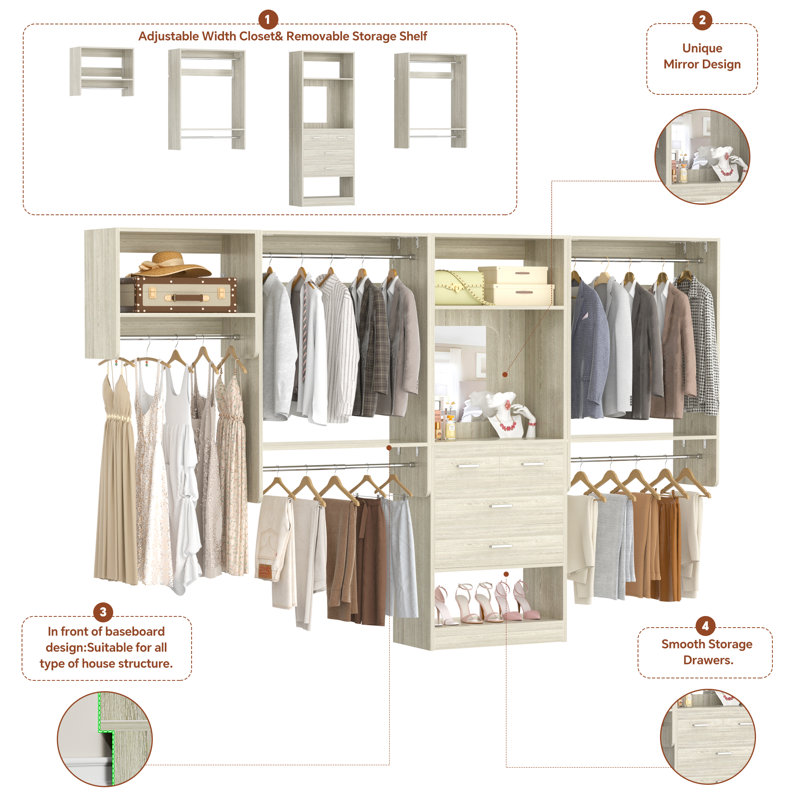  Akaela 119.4" W Walk In Closet System with Drawers, Washed Oak