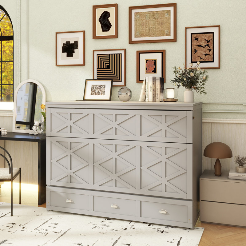 Grand lit escamotable avec grands tiroirs et port USB, gris brossé, Gris