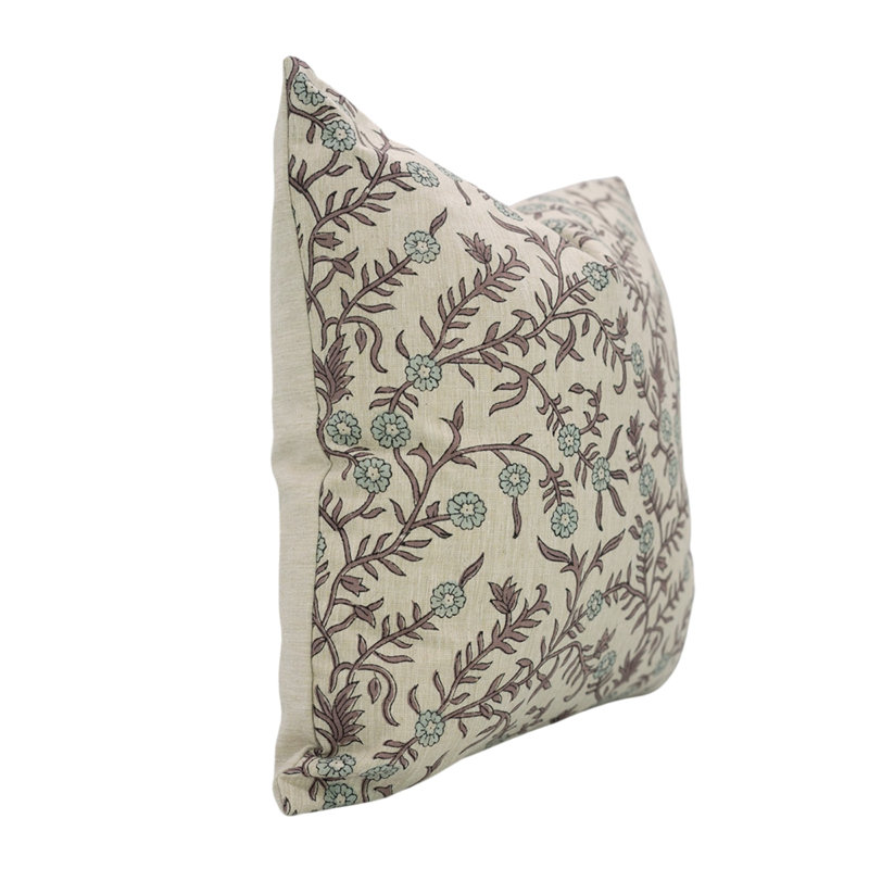 Coussin décoratif bohémien Artisan, H 16 po x l 16 po, Carrée, Brun / floral bleu clair