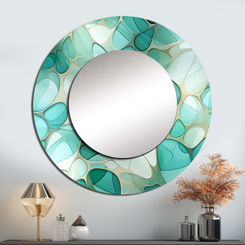 Motif de bord de mer émeraude mosaïque Rumaanah - abstrait abstrait mural, miroir vert, 29 po x 29 po, Rond