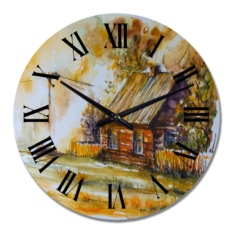 Vieux chalet parmi les arbres d'automne en bois - Horloge murale traditionnelle, Moyen