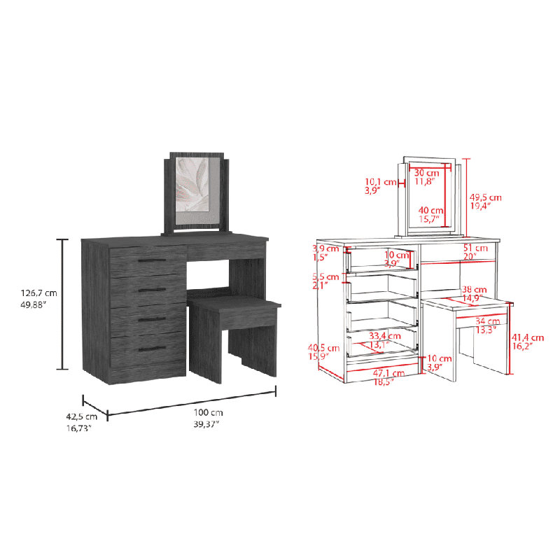 Kaia Makeup Dressing Table with Mirror and 4 Drawers, Stool Included, Smokey Oak/Smokey Oak