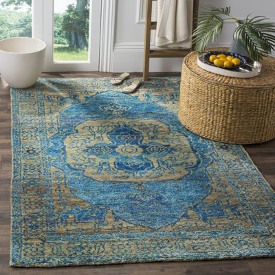 Tapis oriental beige en viscose et sarcelle noué à la main Sari Artesia