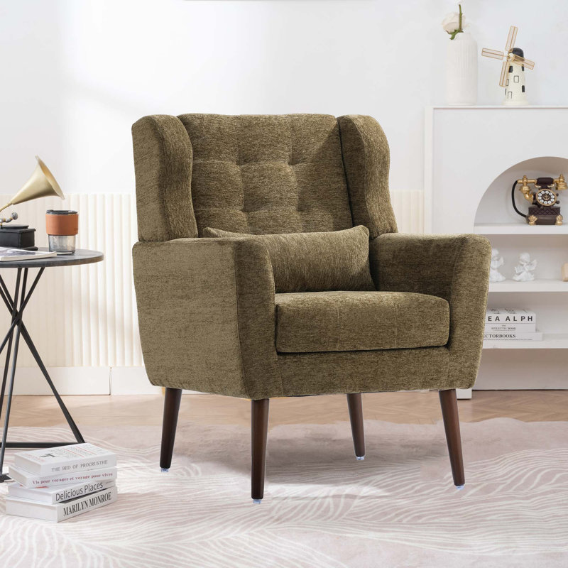Chaise avec accoudoirs Mid-Century, Chenille vert olive