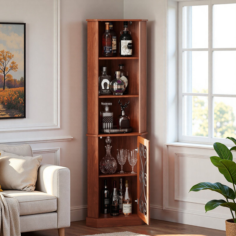 Meuble-bar de coin haut avec espace de rangement et porte en métal perforé
