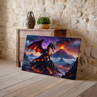 Canvas A Majestic Dragon With Scales Resembling Molten Lava Perches Atop Wall Art A Rocky Outcrop Surrounded By A Dramatic Volcanic Canvas Wall Art