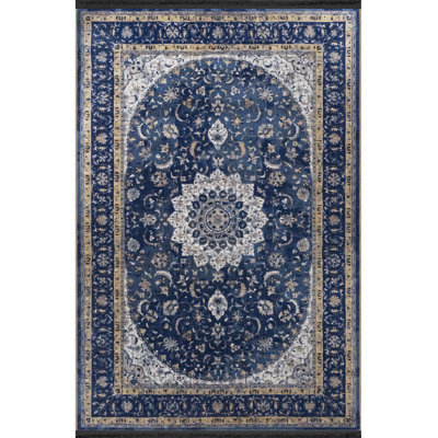 Navy Themed Traditional Motif Ethnic Patterned Vintage Decorative Rug