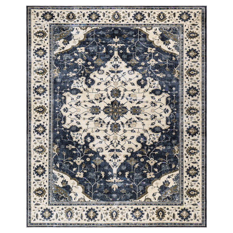 Machine Washable Vintage Oriental Area Rug Non-Slip Backing Navy Blue/Beige/Gold Indoor Carpet for Living Room, Bedroom, Hallway Runner