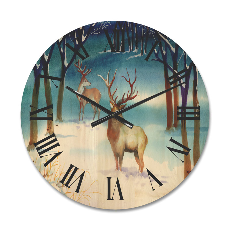 Horloge murale paysage d'hiver avec cerfs, Petit