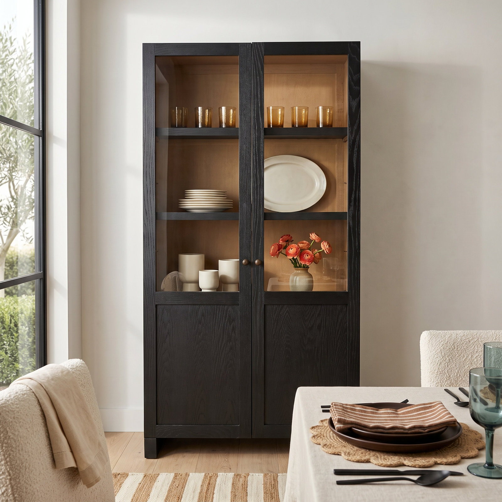 Mango Glass Accent Cabinet, Black/Light Brown