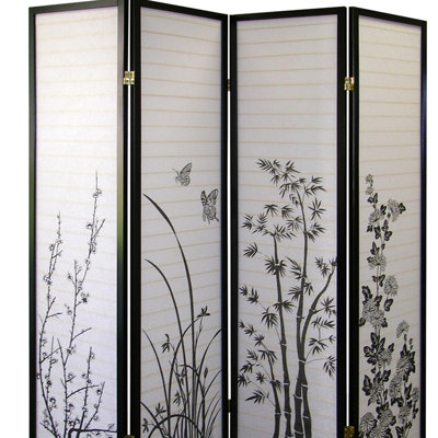 70" High 4 Room Divider, Floral Beauty And Black Finish For Privacy Divider With Finish, Appeal