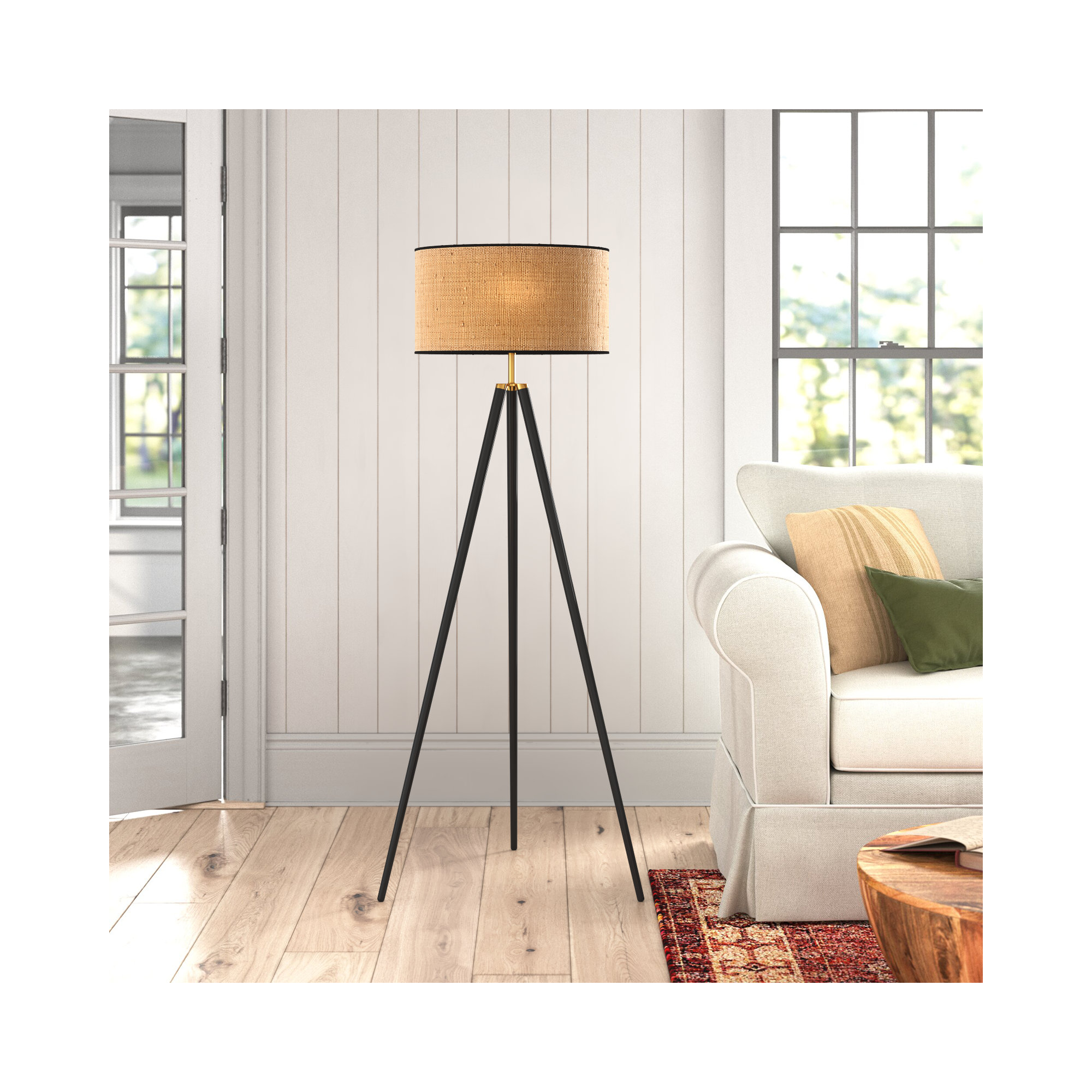 Kisa 60.5'' Dimmable Floor Lamp, Black Wood w. Antique Brass Accents, Woven Natural Rattan Shade w. Black Trim