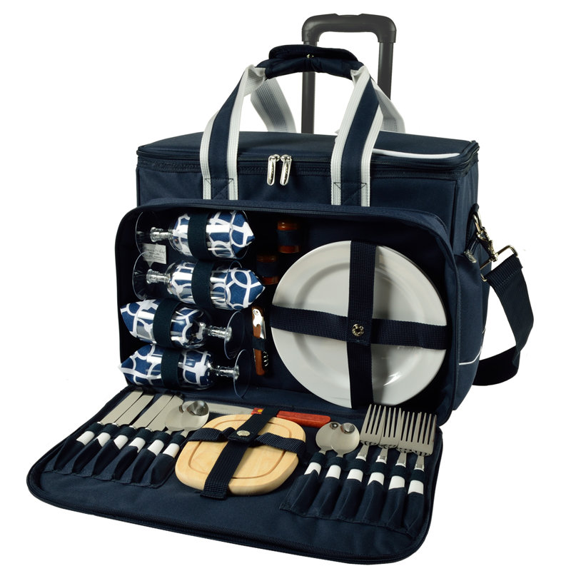 Picnic At Ascot Soft Sided Rolling Cooler With Four Person Picnic Set